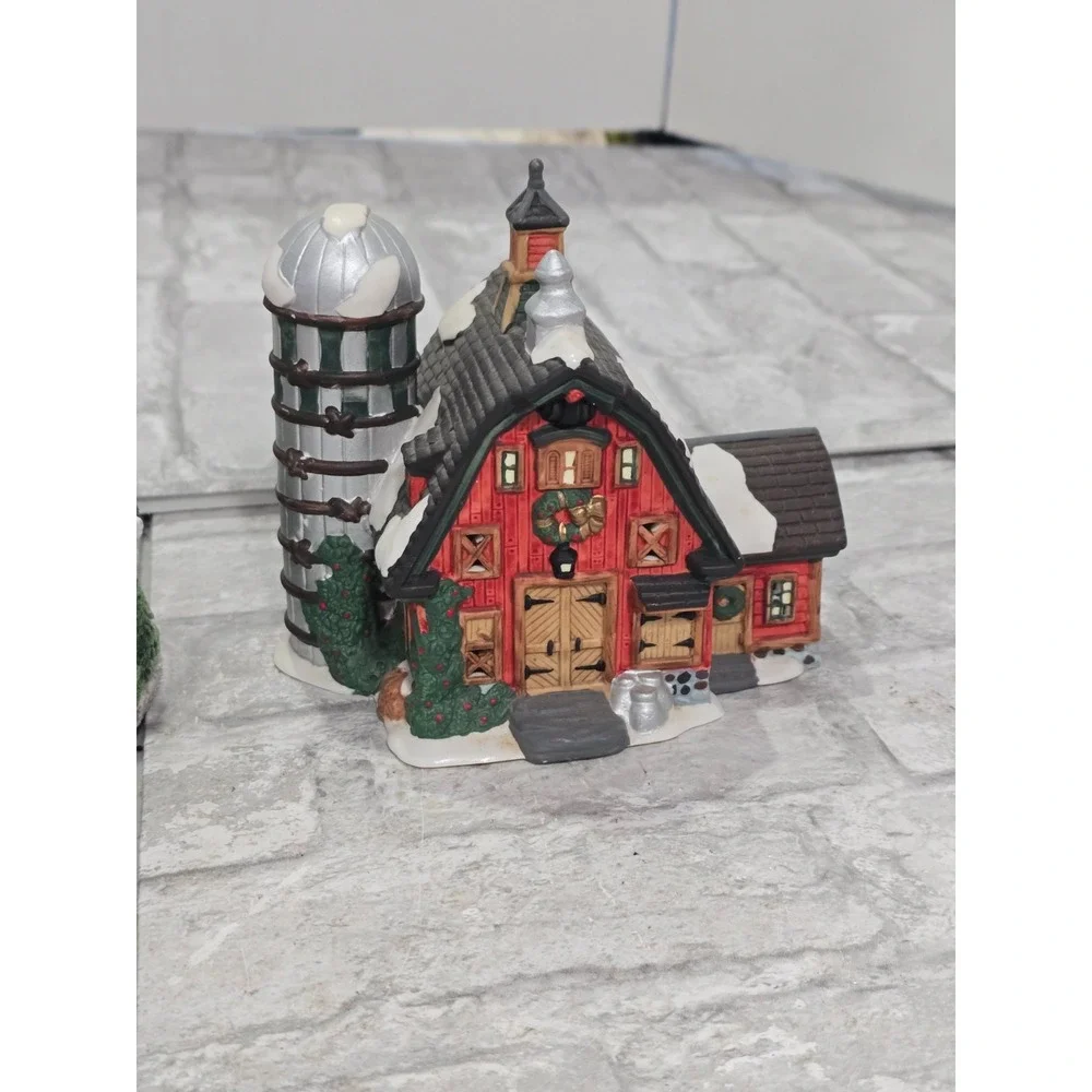 O'Well China Red Barn Silo Christmas Village House 1997 w/ white brick‎ house